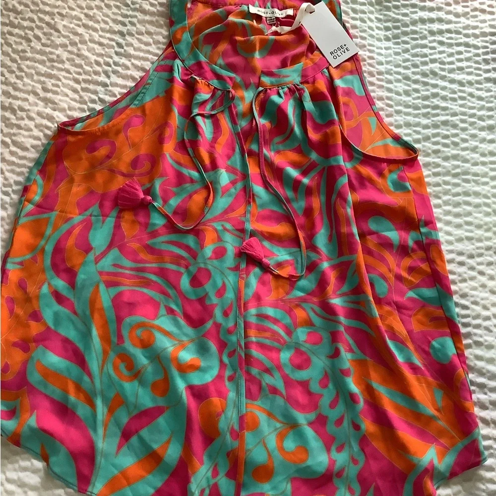 (NWT)Rose & Olive Sleeveless Printed Halter Top in Pink, Orange & Teal - Picture 1 of 3